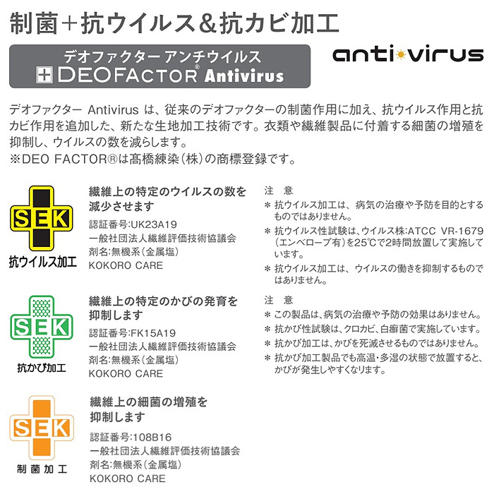 の安全を守る制菌+抗ウイルス&抗カビ加工　スペック