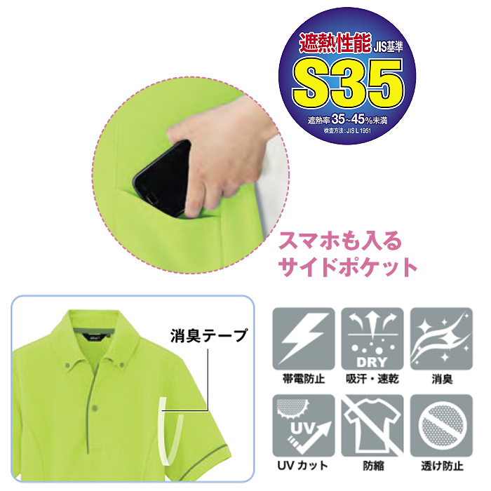 SS～5L サイドポケット 半袖ボタンダウン ニットポロシャツ【兼用】　詳細画像