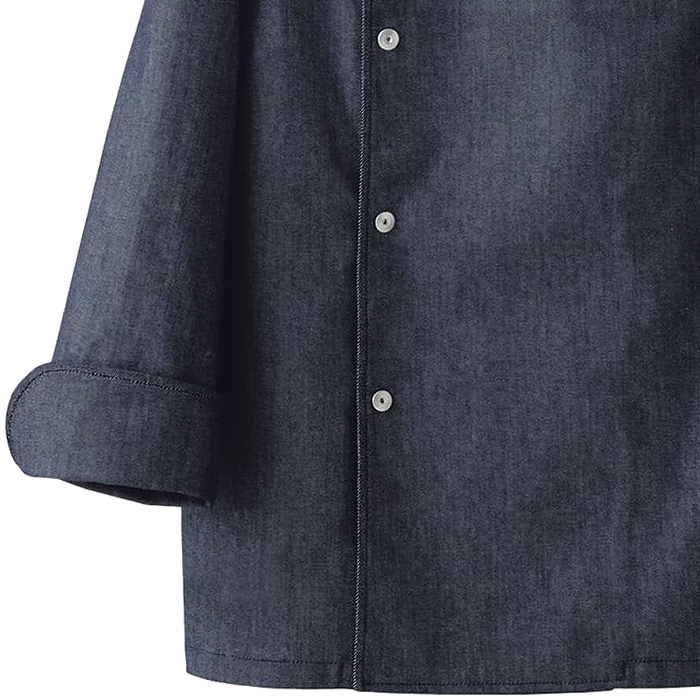 自然な表情と清涼感のある麻調デニム　シングル長袖コックコート【兼用】　スペック