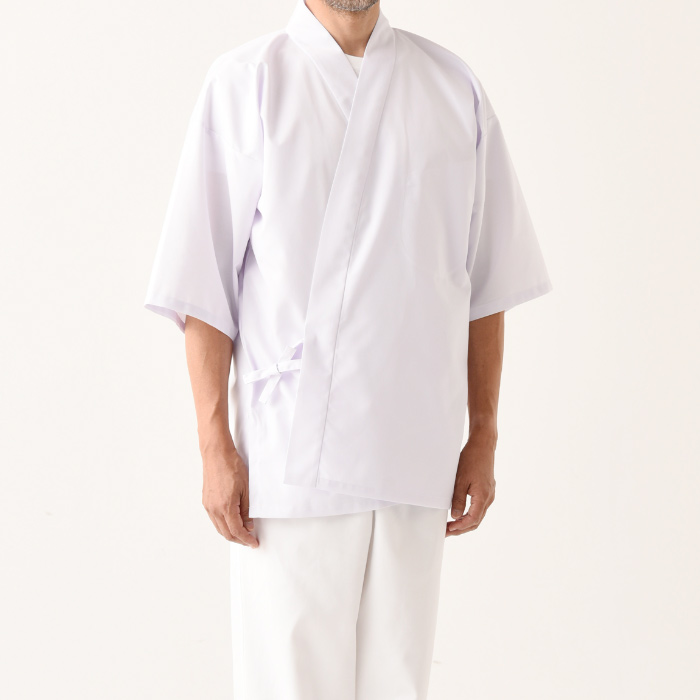 【飲食店販売店制服】定番シンプル 白ハッピコート 【男性用】ポリ65%綿35%タッサー スペック