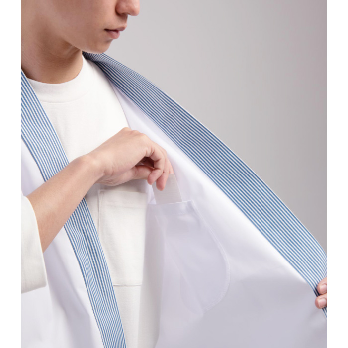 【飲食店販売店制服】襟ストライプ柄 ハッピコート 【男性用】ポリ65%綿35%ブロード スペック