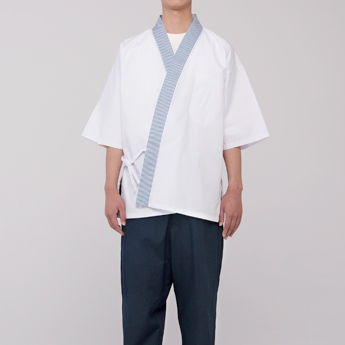 【飲食店販売店制服】襟ストライプ柄 ハッピコート 【男性用】ポリ65%綿35%ブロード スペック