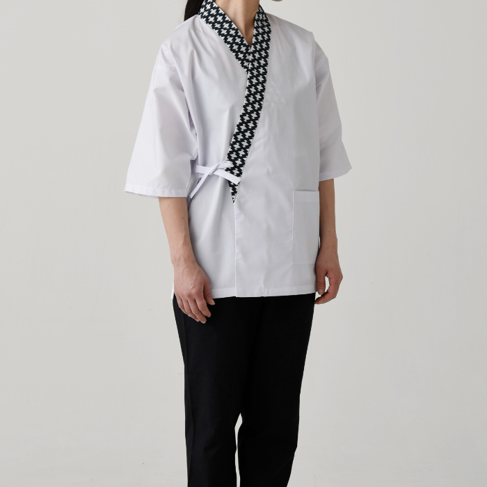 【飲食店販売店制服】松皮菱柄ハッピコート白【女性用】抗菌防臭 スペック