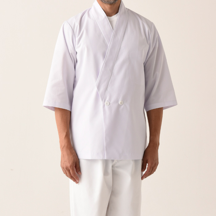 【飲食店販売店制服】ボタン留ハッピコート白【男性用】ポリ65%綿35%タッサー スペック
