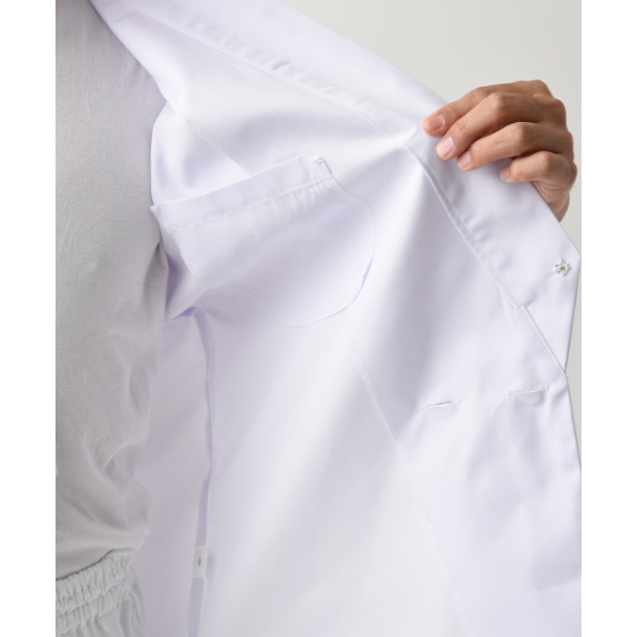 【飲食店販売店制服】ボタン留ハッピコート白【男性用】ポリ65%綿35%タッサー スペック