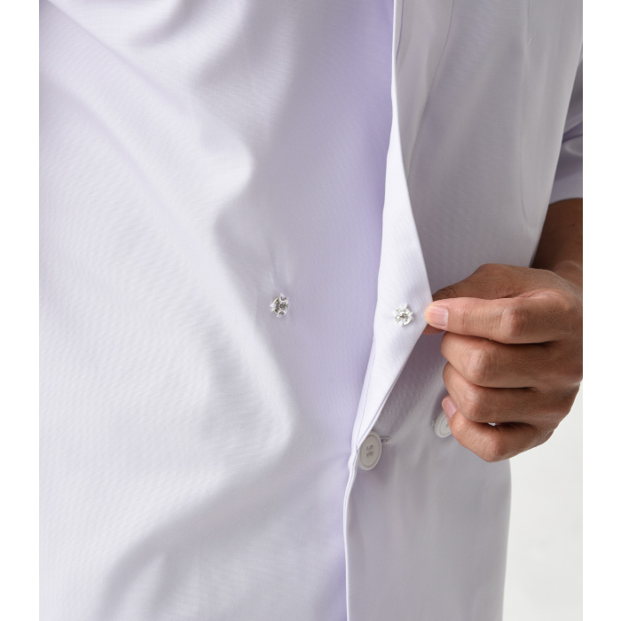 【飲食店販売店制服】ボタン留ハッピコート白【男性用】ポリ65%綿35%タッサー スペック