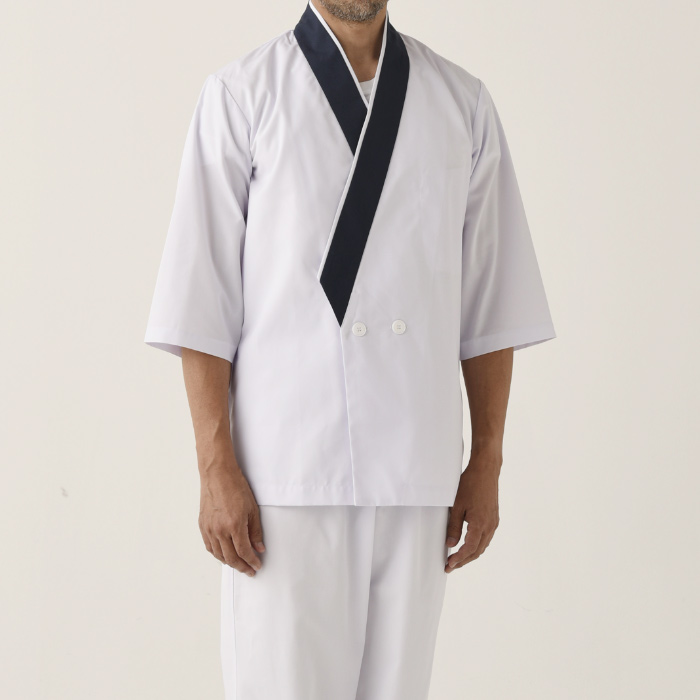 【飲食店販売店制服】ボタン留ハッピコート白に紺エリ【男性用】ポリ65%綿35%タッサー スペック