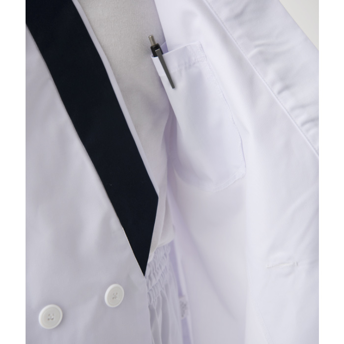 【飲食店販売店制服】ボタン留ハッピコート白に紺エリ【男性用】ポリ65%綿35%タッサー スペック