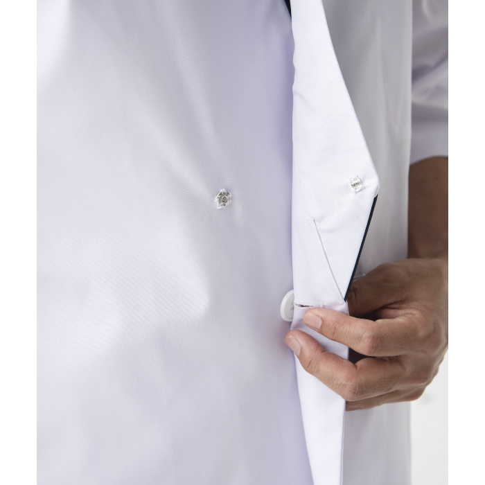 【飲食店販売店制服】ボタン留ハッピコート白に紺エリ【男性用】ポリ65%綿35%タッサー スペック