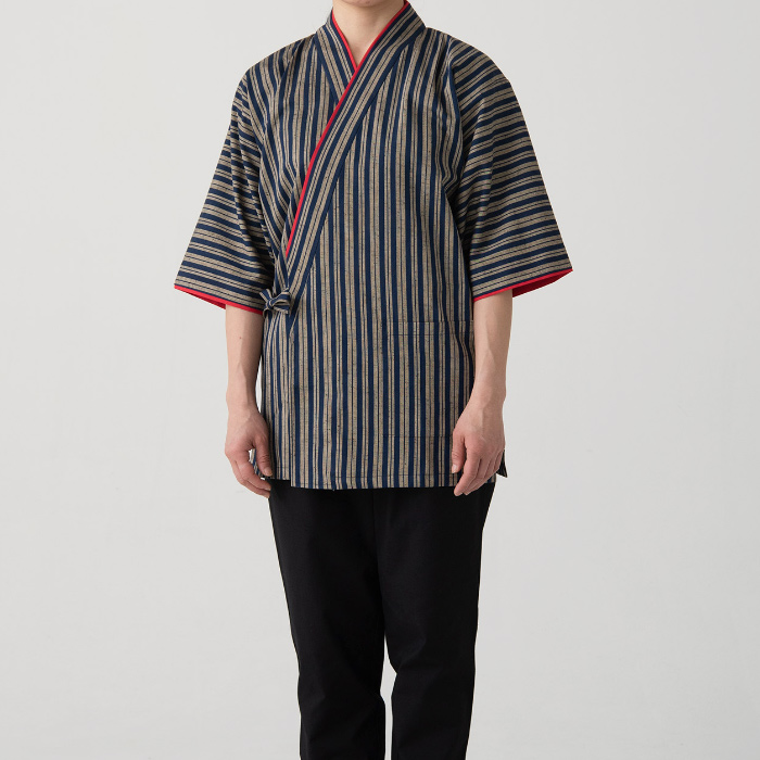 【飲食店販売店制服】縞模様柄ハッピコート【女性用】土佐紬[綿100%]　スペック