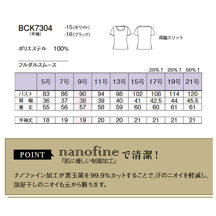 ラウンドネック半袖ニット　汗のニオイを軽減する制菌加工　～21号　スペック