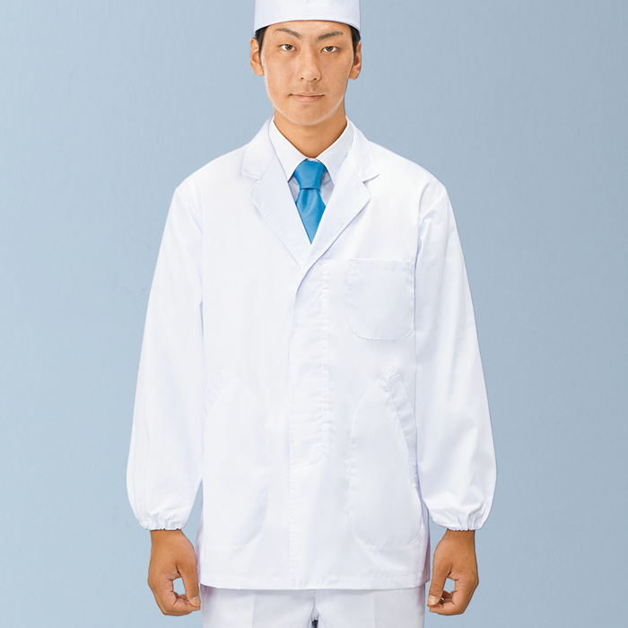 【【男性用】衿付き・長袖　体毛落下防止ネット付調理白衣　綿ポリ(ポプリン)　S～5L　スペック