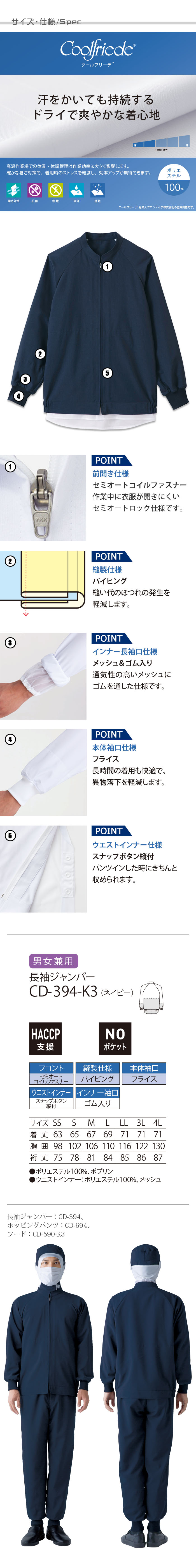 食品工場向け衛生服 高温作業向け 暑さ対策　工務作業に最適!　長袖ジャンパー1色[兼用]　　商品イメージ説明