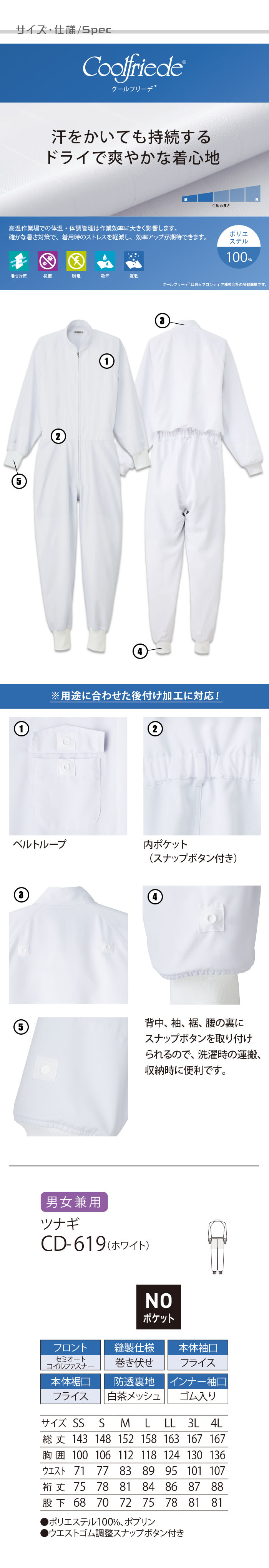 食品工場向け衛生服 高温作業向け ドライで爽やか! 暑さ対策ユニフォーム。 ツナギ1色[兼用]　　商品詳細仕様、スペック説明