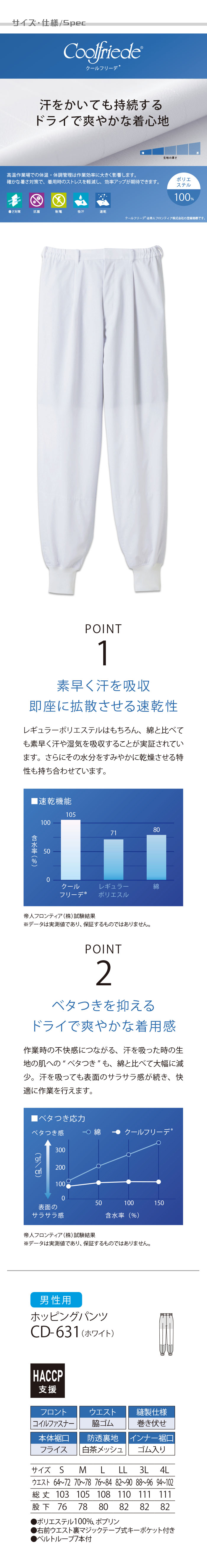 食品工場向け衛生服 高温作業向け 吸収・速乾性抜群!　ホッピングパンツ1色[男性用]　　商品イメージ説明