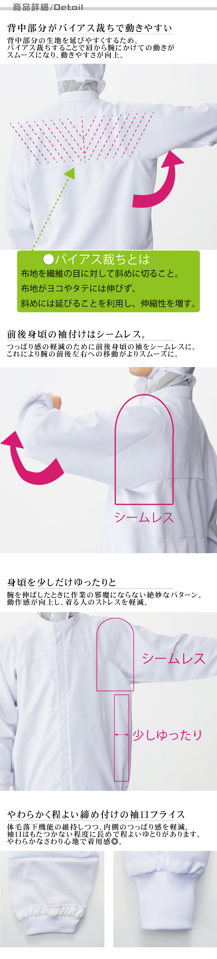 長袖ジャンパー[男女兼用]　食品工場等で使える衛生服 高温作業向け 涼感 抗菌 制電 吸汗 速乾 詳細仕様説明