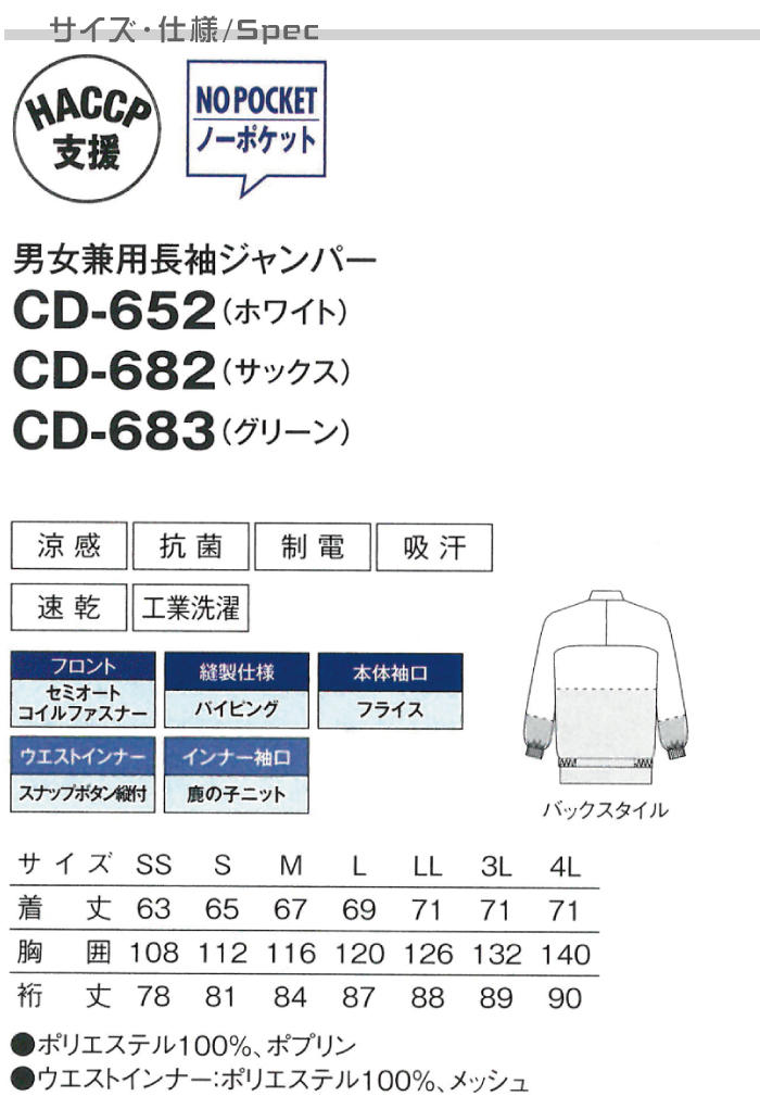 長袖ジャンパー[男女兼用]　食品工場等で使える衛生服 高温作業向け 涼感 抗菌 制電 吸汗 速乾 商品仕様、サイズ