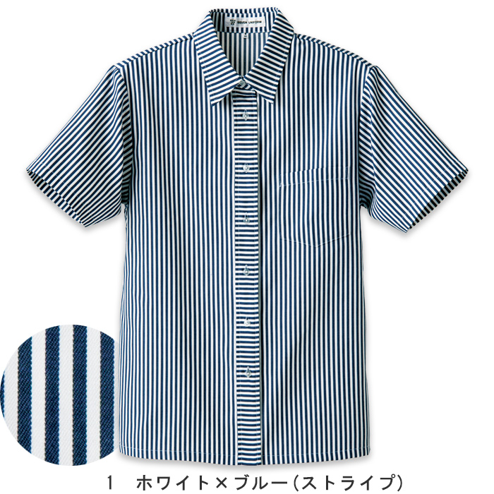 丈夫な先染めデニムのストライプ　半袖シャツ【女性用】　色画像