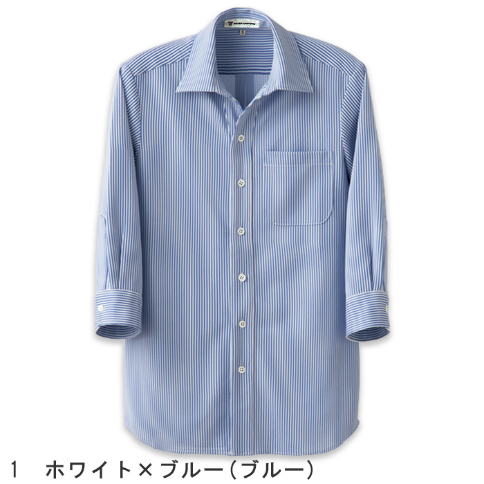 伸縮性があり軽い着用感　ストライプ柄スキッパー7分袖ニットシャツ【3色】兼用　色