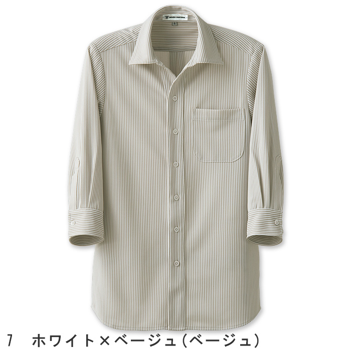 伸縮性があり軽い着用感　ストライプ柄スキッパー7分袖ニットシャツ【3色】兼用　色