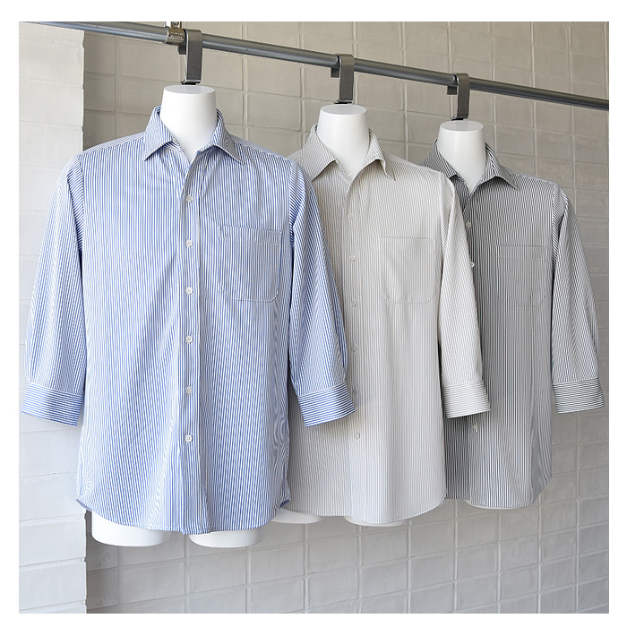 伸縮性があり軽い着用感　ストライプ柄スキッパー7分袖ニットシャツ【3色】兼用　スペック