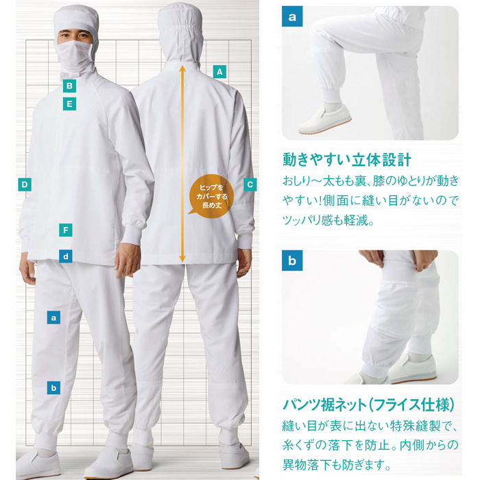 異物を持ち込ませない食品工場、食品製造ユニフォーム制服【男女兼用】詳細説明1