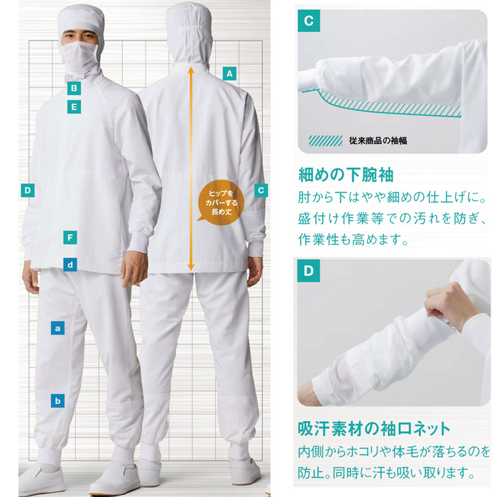 異物を持ち込ませない食品工場、食品製造ユニフォーム制服【男女兼用】詳細説明2
