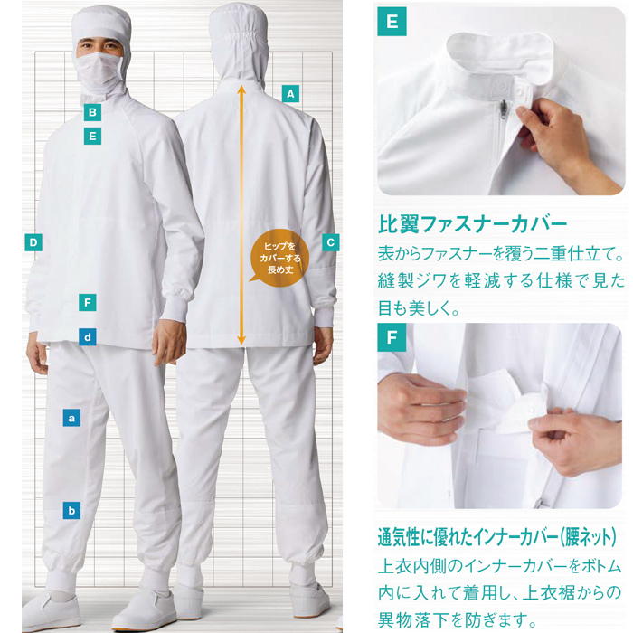 異物を持ち込ませない食品工場、食品製造ユニフォーム制服【男女兼用】詳細説明3