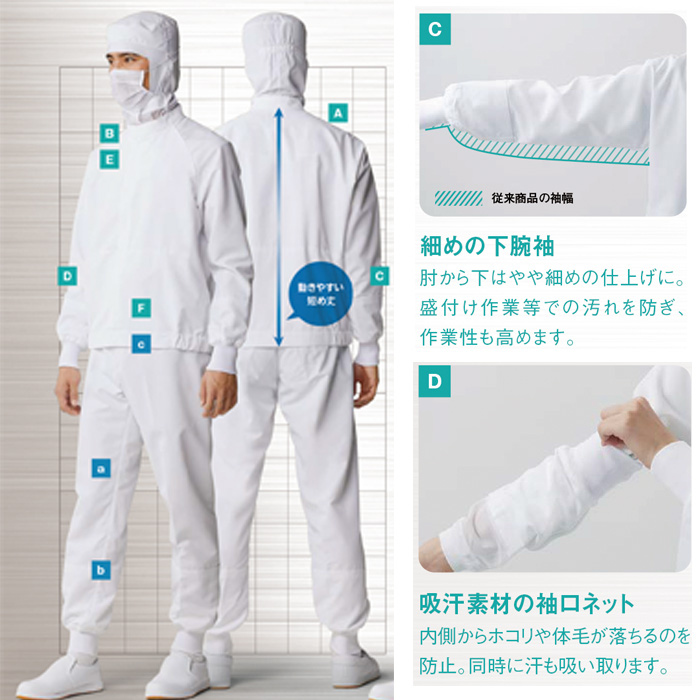 異物を持ち込ませない食品工場、食品製造ユニフォーム制服【男女兼用】詳細説明2