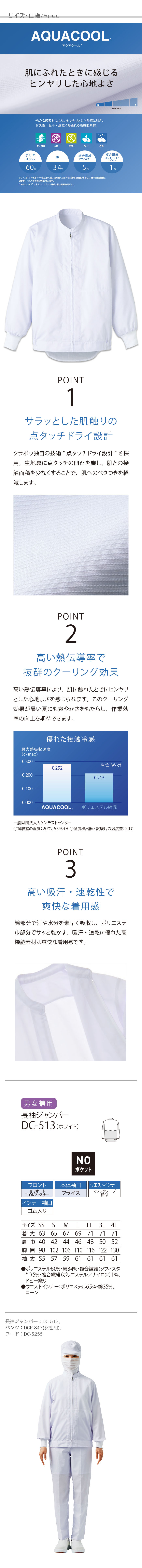 食品工場向け衛生服 高温作業向け 冷感・吸汗・速乾の快適機能。長袖ジャンパー1色[兼用]　商品詳細仕様、スペック説明