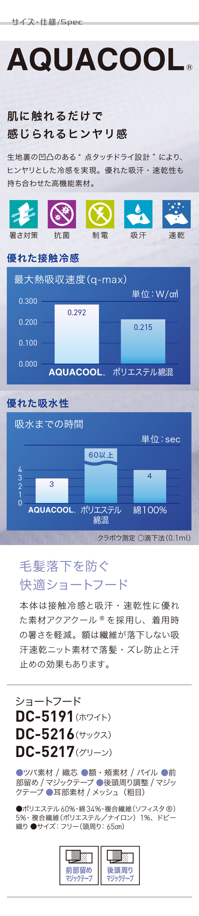 食品工場向け衛生服 高温作業向け　毛髪落下を防ぐ　快適ショートフード3色[兼用]　商品詳細仕様、スペック説明