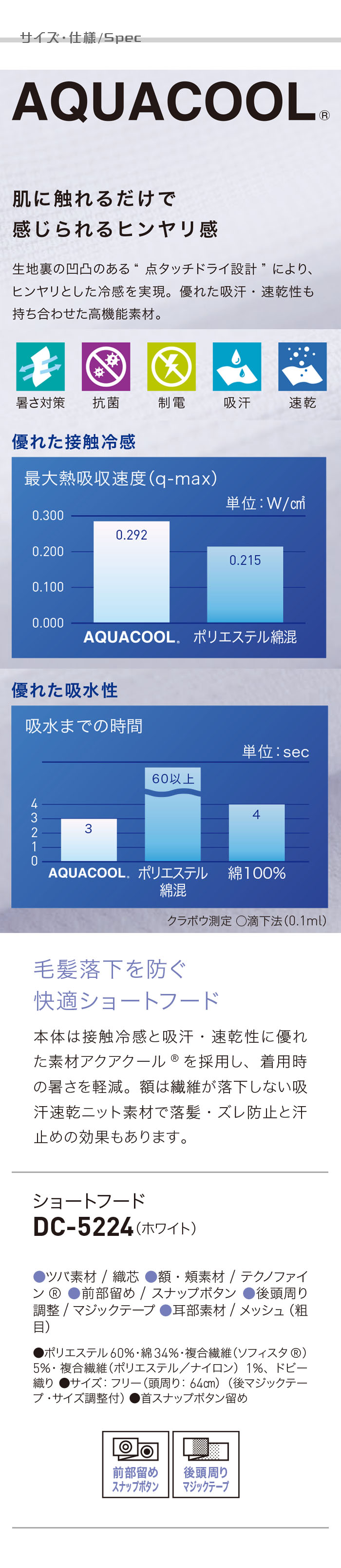 食品工場向け衛生服 高温作業向け　毛髪落下を防ぐ　快適ショートフード[兼用]　商品詳細仕様、スペック説明
