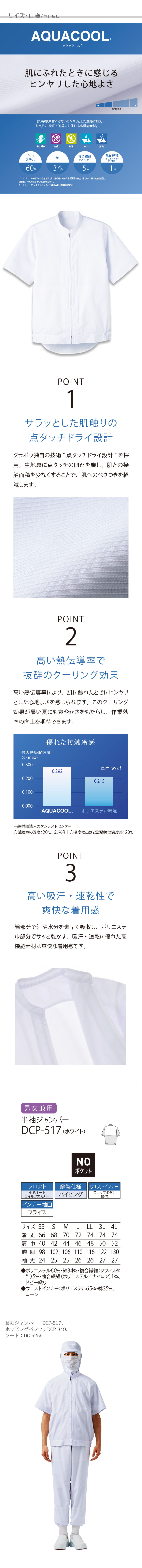 食品工場向け衛生服 高温作業向け  動きやすくヒンヤリ快適な着用感。 半袖ジャンパー1色[兼用]　商品詳細仕様、スペック説明