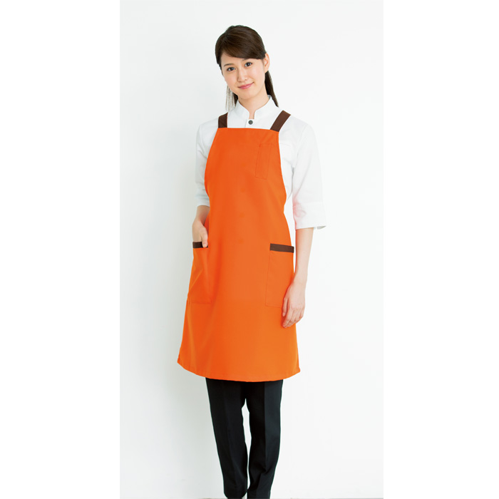 【飲食店販売店制服】胸当てエプロン【兼用】(3色)丈85cm　明るくアクティブな印象 防脱色　たすき　ポケット　スペック