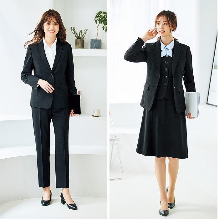 ジャケット　シャドーチェック　ネイビー　ブラック　女性用　銀　抗菌防臭　2WAYストレッチ　受付制服　事務制服　モデル
