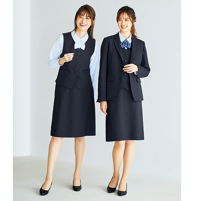 フレアスカート　シャドーチェック　ネイビー　ブラック　女性用　銀　抗菌防臭　2WAYストレッチ　受付制服　事務制服　モデル