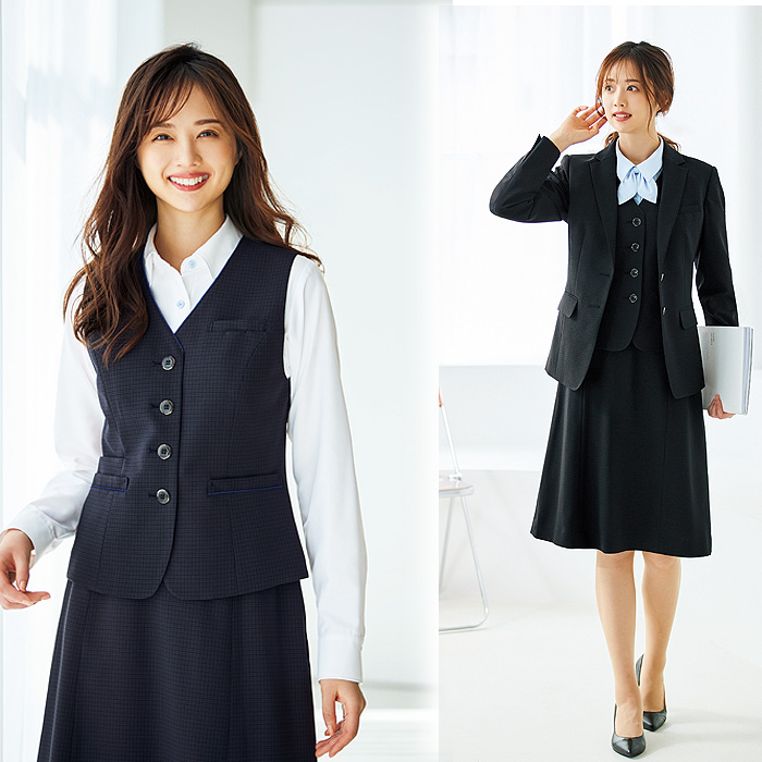 ベスト　シャドーチェック　ネイビー　ブラック　女性用　銀　抗菌防臭　2WAYストレッチ　受付制服　事務制服　モデル