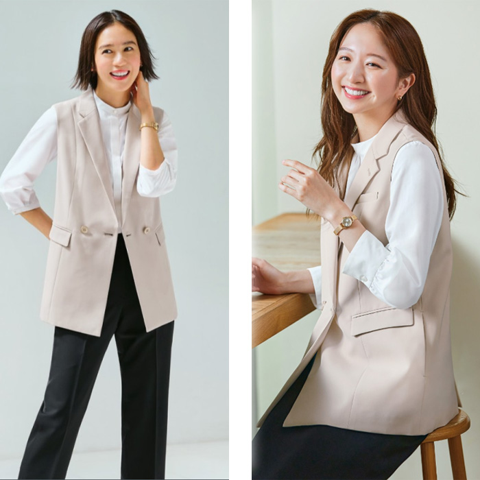 ジレ　ベスト　グレージュ　ブラック　女性用　事務の新定番ウェア　2WAYストレッチ　フェムテック　受付制服　事務制服　モデル