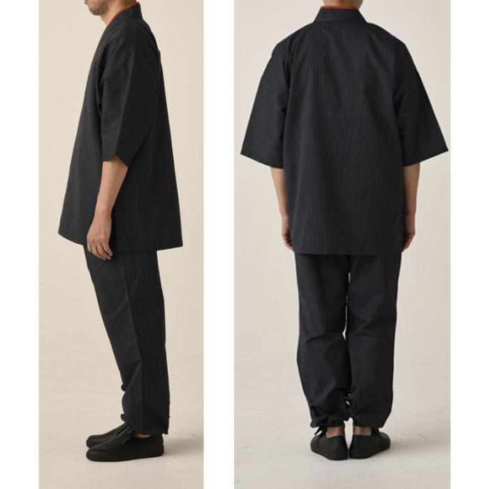 和パンツ【兼用】　藍ストライプ柄が和らしく粋　ウエストゴム仕様 膝裏あて布　裾しぼり　スペック