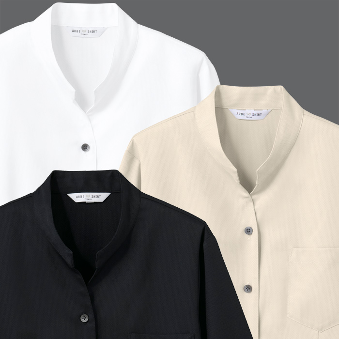 【飲食店販売店制服】ベルカラー七分袖シャツ3色【女性用】吸汗速乾・ストレッチ性のある爽やか生地 スペック