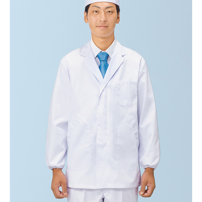 【男性用】衿付き・長袖　調理白衣　綿ポリ(ポプリン)　S～5L　スペック