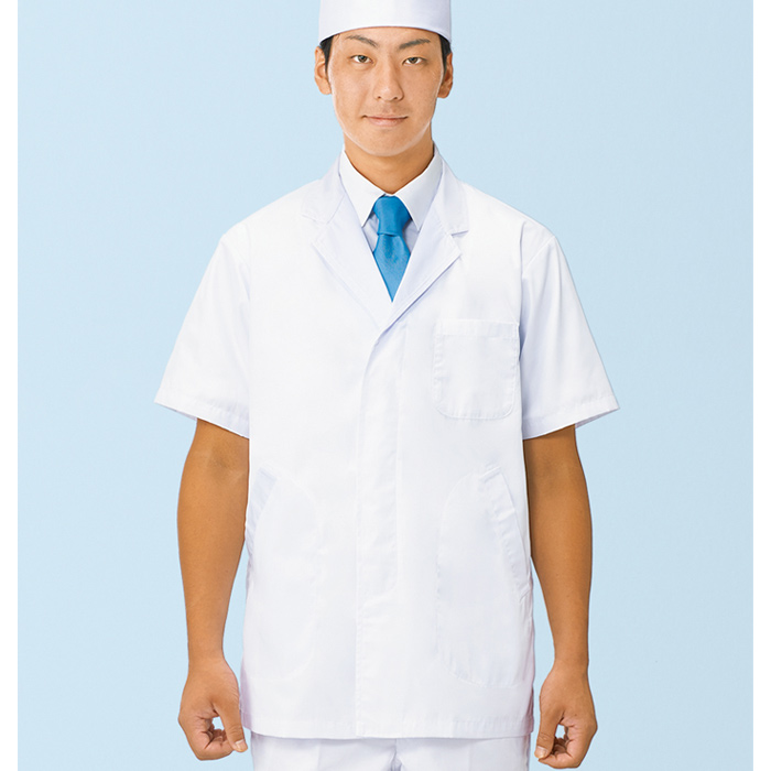 【男性用】衿付き・半袖　調理白衣　綿ポリ(ポプリン)　S～5L　スペック