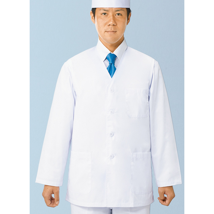 【男性用】衿無し・長袖・袖ゴム無し調理白衣　綿ポリ(ポプリン)　S～5L　スペック