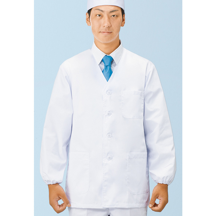 【男性用】衿無し・長袖　調理白衣　綿ポリ(ポプリン)　S～5L　スペック
