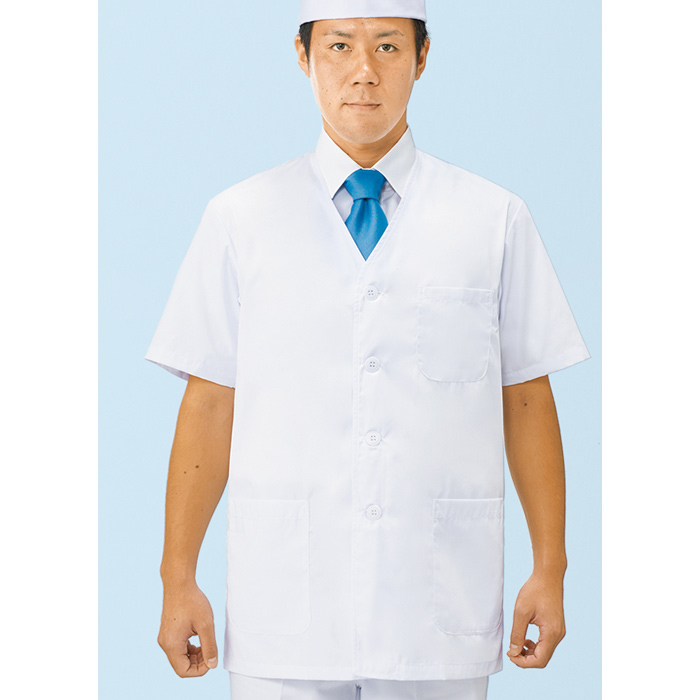 【男性用】衿無し・半袖　調理白衣　綿ポリ(ポプリン)　S～5L　スペック