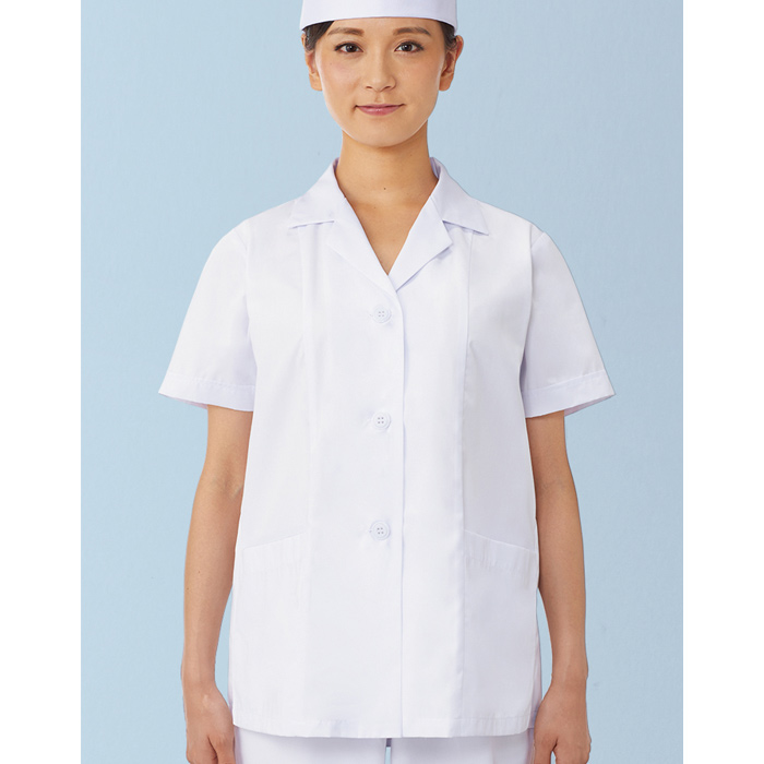 【女性用】衿付き・長袖　調理白衣　綿ポリ(ポプリン)　S～5L　スペック