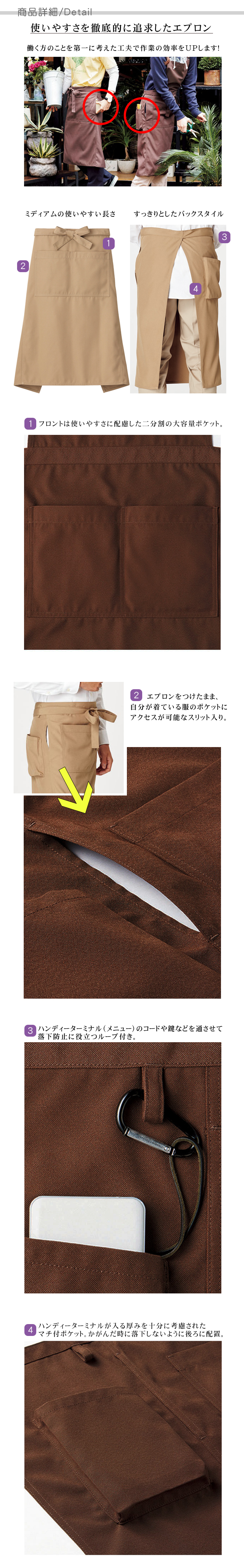 ポケット充実 ミドル丈 腰下エプロン(4色) 飲食店販売店作業用制服【男女兼用】 商品詳細説明