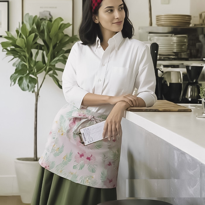 【飲食店販売店制服】ハイビスカス柄　ショート丈エプロン【男女兼用】南国・リゾート感　スペック