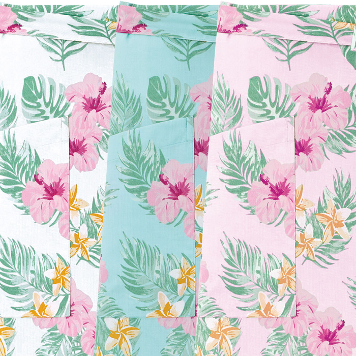 【飲食店販売店制服】ハイビスカス柄　ショート丈エプロン【男女兼用】南国・リゾート感　スペック