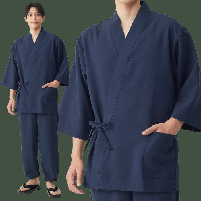【飲食店販売店制服】軽い・すぐ乾く・縮まない 和ジンベイ上衣【兼用】日本製 サラッとした肌ざわり アイロンいらず モデル